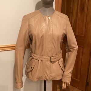 Massimo Dutti Tan Leather Jacket, Tagged large fits medium